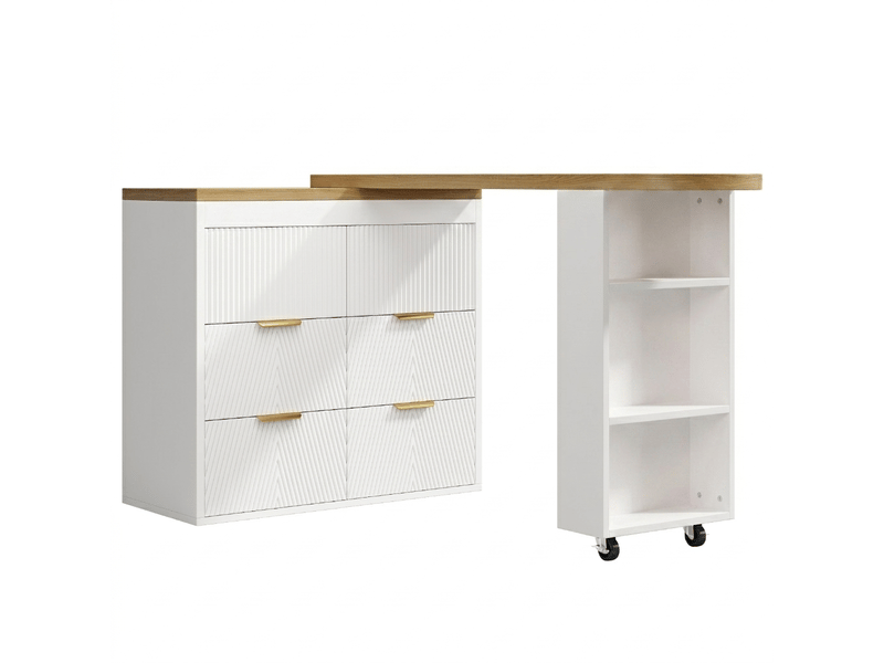 Table de bar extensible blanc effet bois, 360° pivotant et 6 tiroirs 128-203cm - Conforama A