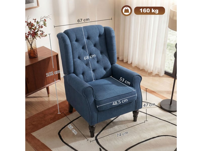  Fauteuil à oreilles en flanelle avec pieds en bois bleu 74 x 86 x 102 cm  - Conforama C