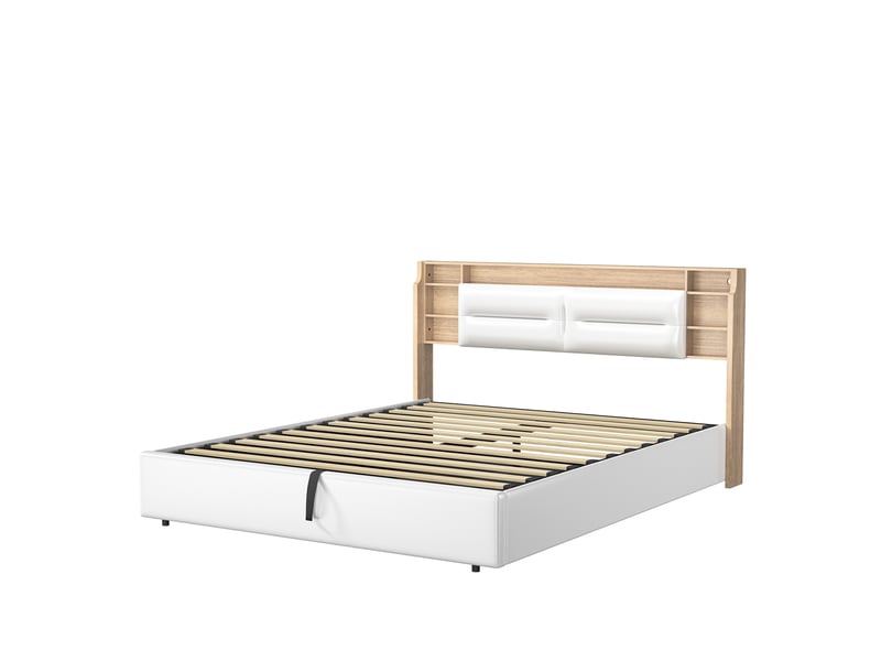  Lit double coffre - 160 x 200 cm - blanc - similicuir pu, tête de lit de rangement, dossier rembourré et vérins hydrauliques  - Conforama D
