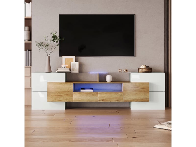  Meuble tv 200 cm blanc brillant et bois avec éclairage led, banc tv surface en verre pour salon  - Conforama C
