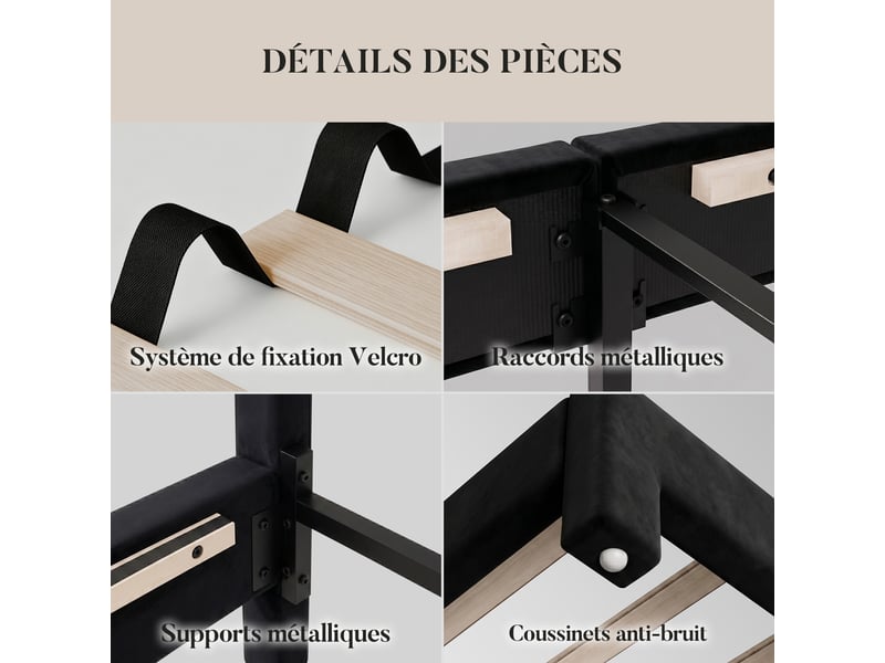  Lit 90x200 cm, cadre de lit rembourré avec sommier à lattes en bois, structure métallique, lit 1 personne, charge maximale 300 kg, noir  - Conforama D