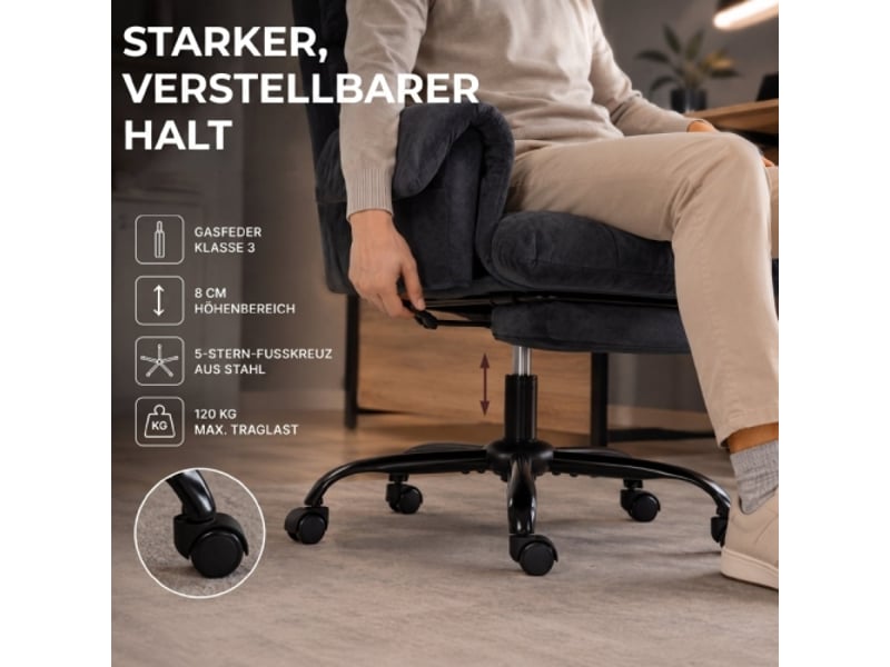 Chaise de bureau rembourrée à roulettes, dossier réglable, hauteur ajustable, acier gris foncé - Conforama D