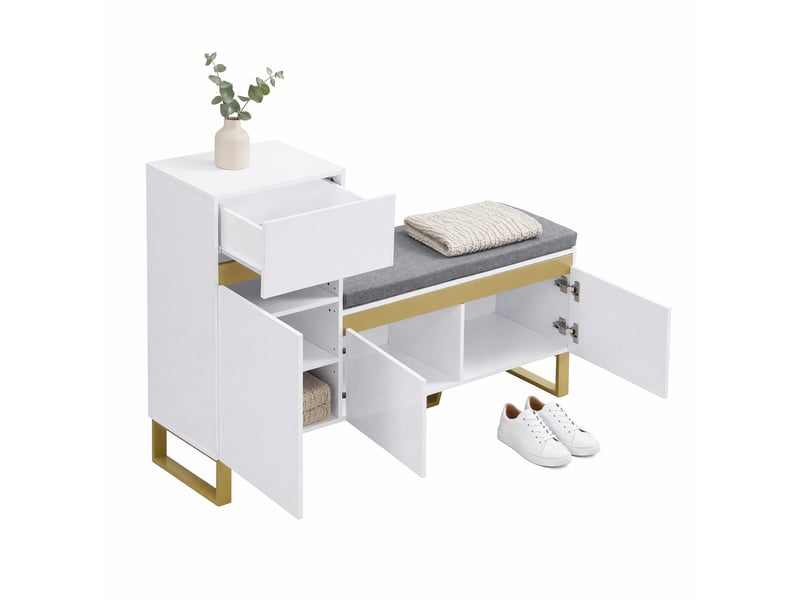 Meuble à chaussures avec 2 portes, 1 tiroir et banc rembourré, rangement d'entrée en mdf, blanc, 120 × 35 × 85 cm - uvrion - Conforama A