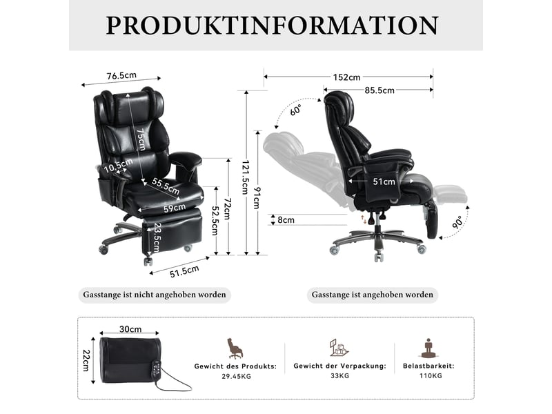  Chaise de bureau pivotante avec massage et chauffage, repose-pieds et dossier inclinable en cuir pu noir  - Conforama D