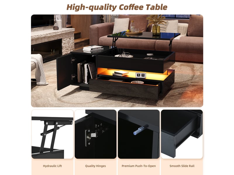  Table basse, à plateau relevable, avec éclairage led, avec 1 tiroir, 95 x 50 x h 40–54,5 cm, noir, rangement pratique, finition brillante, pour salon Luxe haut de gamme - Conforama D