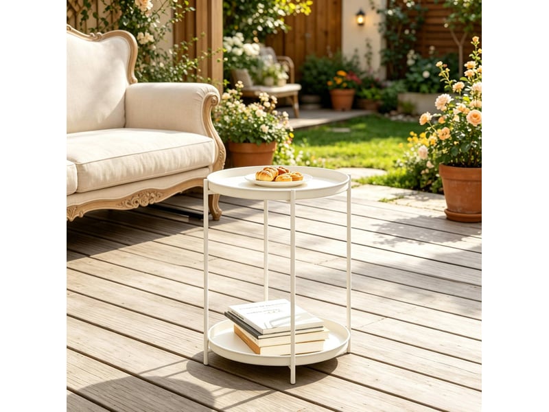 Table basse ronde avec 2 plateaux amovibles à rebords, en métal, pour salon, blanc crème, 44 × 44 × 53 cm - Conforama D