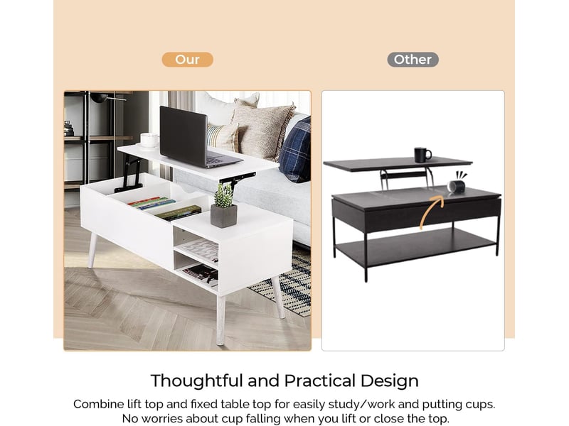  Table basse relevable, table basse de salon, table basse rectangulaire moderne avec tiroir de rangement  - Conforama E