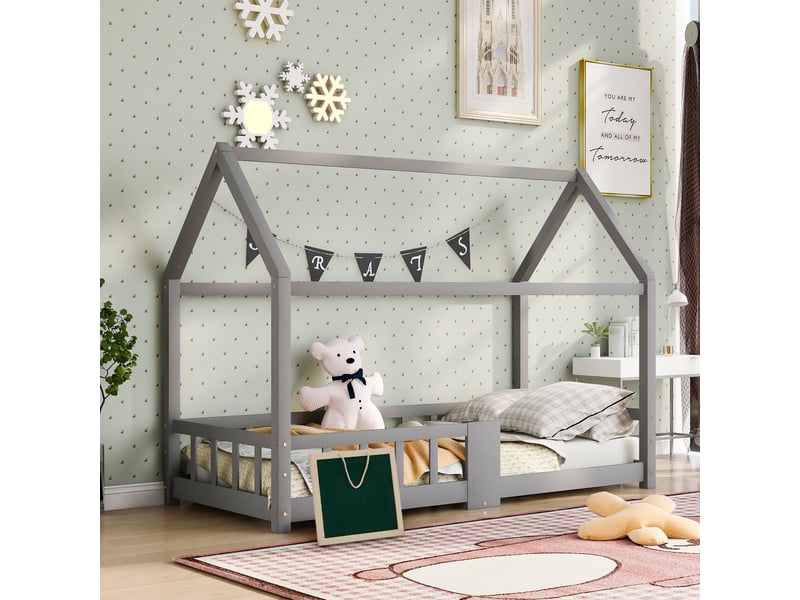 Lit enfant 90 x 200 cm - lit cabane avec barrières et plateau noir - bois de pin - sans matelas - gris  - Conforama B
