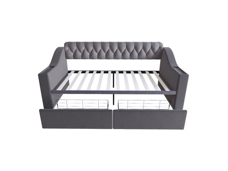  Lit enfant 90 x 190 cm tiroirs de rangement accoudoirs larges ports de charge usbtype-c velours gris foncé sans matelas  - Conforama E