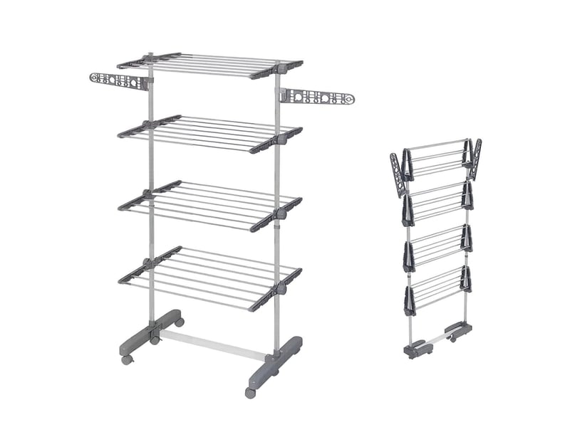  Étendoir à linge pliable 142 x 55 x 172 cm – gris – 4 niveaux réglables et roulettes verrouillables  - Conforama A