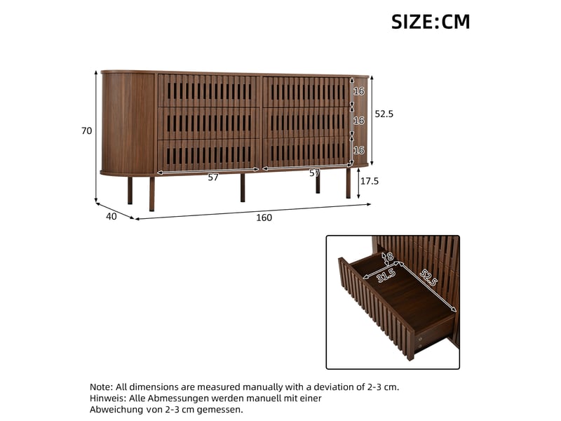 Buffet bas 160x40x70 cm en mdf noyer foncé avec 6 tiroirs - Conforama C