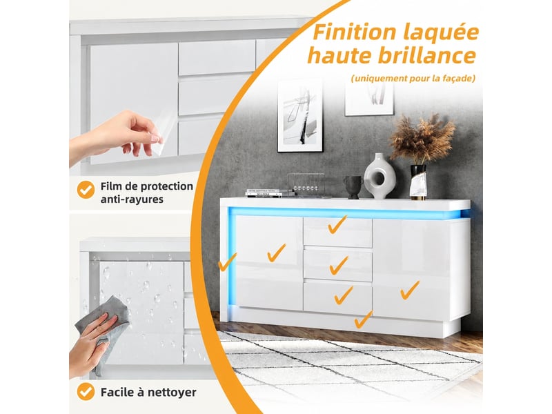  Buffet blanc brillant avec led 2 portes 3 tiroirs 140 cm  - Conforama E