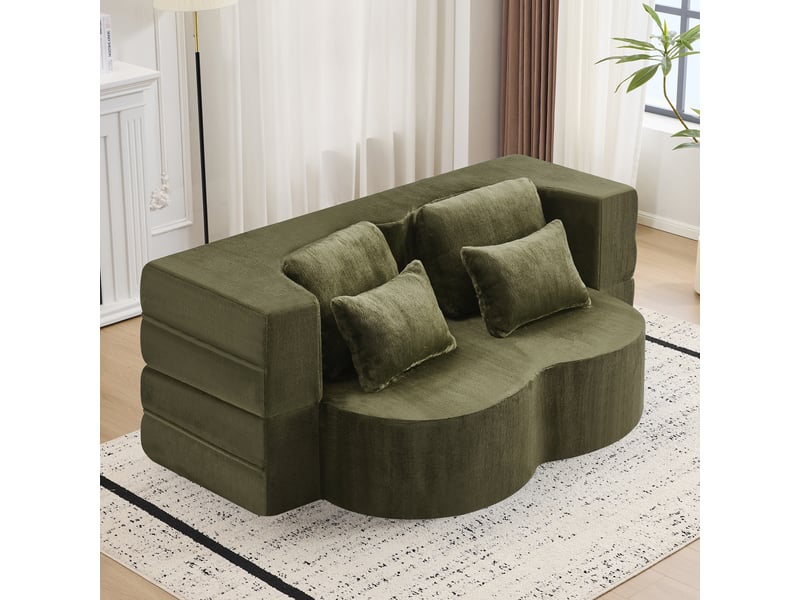 Canapé convertible au sol 2-en-1 avec 4 coussins - futon pliable, tissu peluche - vert - Conforama B