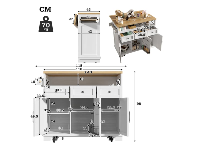  Îlot de cuisine à roulettes 118 x 43 x 98 cm, plateau rabattable, blanc  - Conforama C