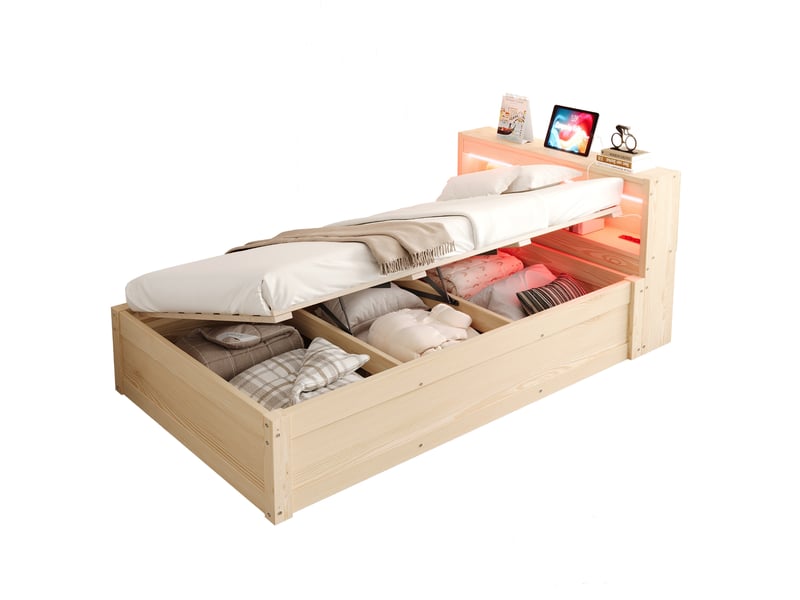  Lit simple 90x200 cm coffre hydraulique led en bois coloris naturel  - Conforama A