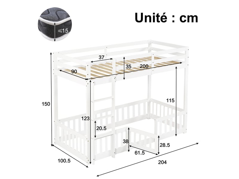  Lit mezzanine, lit simple avec escalier 3 marches, barrières et porte, 90x200 cm, sans matelas, blanc  - Conforama D
