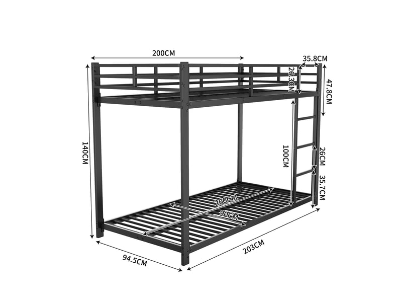  Modenvie lit superposé 90x200 cm - structure métal, barrières de sécurité - pour petit espace - noir  - Conforama C