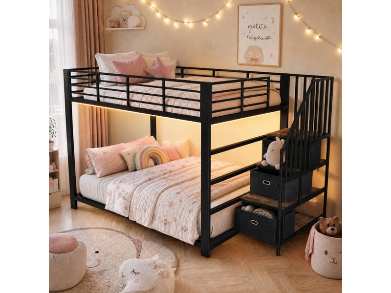  Lit superposé adulte 140x200 cm avec escalier en mdf et métal couleur noir sans matelas, design industriel  - Conforama D