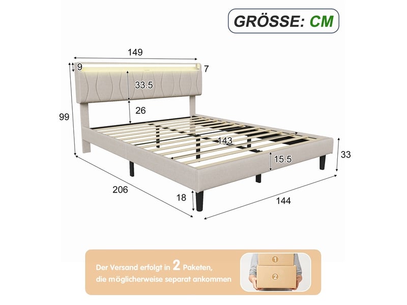  Lit 140x200cm - lit double 140x200cm - lit rembourré en tissu lin avec tête de lit à étagère, led rgb et usb - beige  - Conforama E