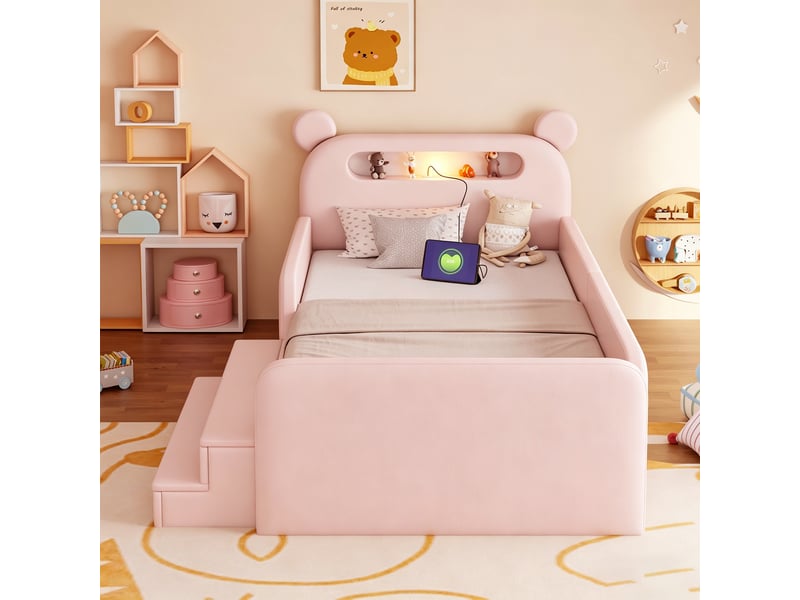  Lit enfant 90x200 cm rose en similicuir avec tête de lit ours, veilleuse, usb et rangement  - Conforama R