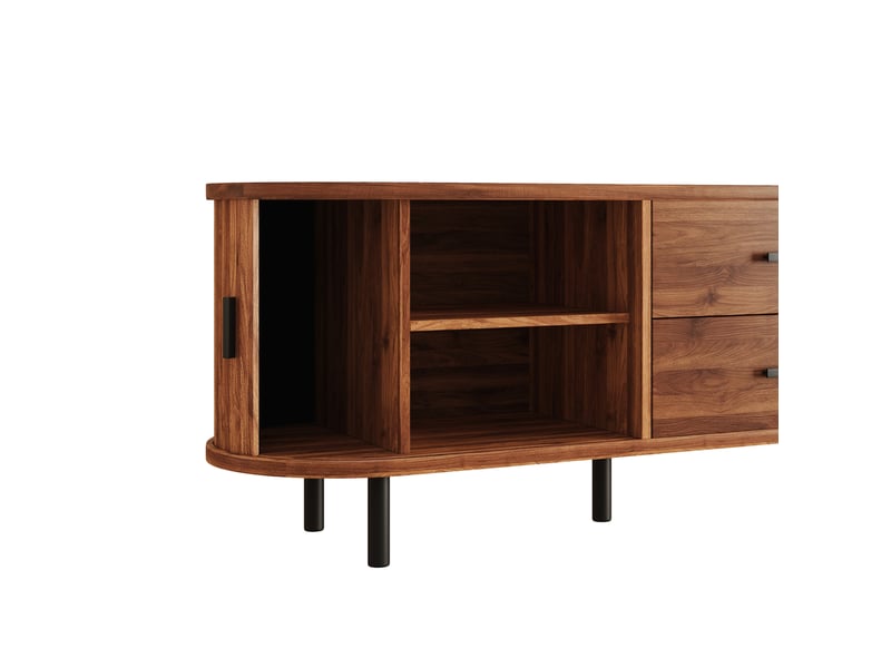  Meuble tv avec 2 portes coulissantes, 2 tiroirs et rangements ouverts, pour salon, noyer, 150 × 40 × 55 cm  - Conforama E