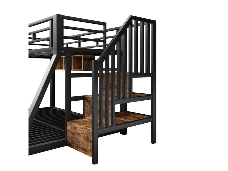  Lit superposé 90 × 200 cm et 140 × 200 cm, avec bandes lumineuses led, trois compartiments de rangement, escaliers avec espace de rangement, sans matelas, métal, noir  - Conforama E