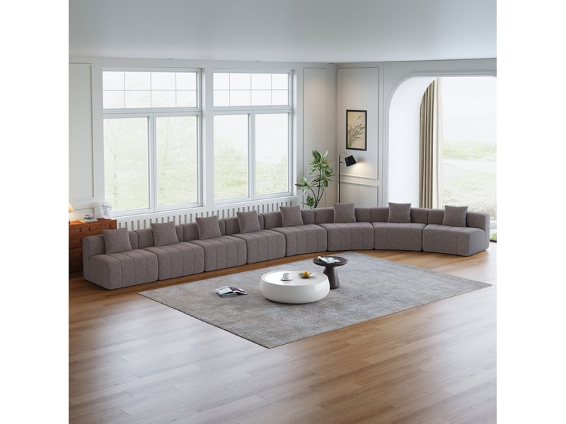  Canapé modulaire 8 places modenvie en chenille gris avec 2 coussins, composition arrondie, 388 x 76 x 73,6 cm  - Conforama D
