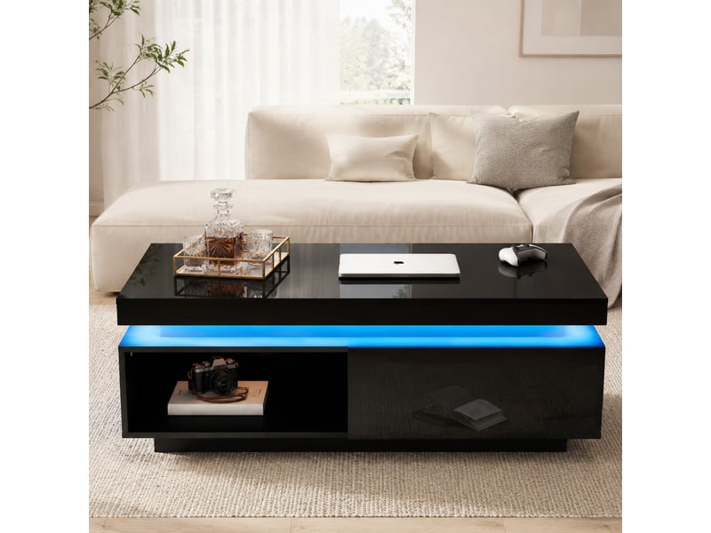  Table basse noire brillante avec éclairage led, tiroir et plateau 100 x 50 x 40,3 cm  - Conforama B
