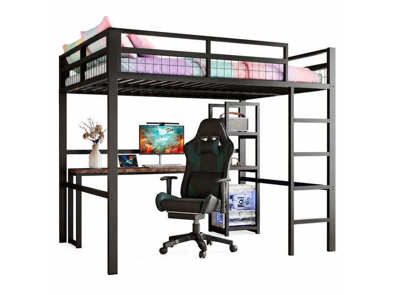  Lit mezzanine 140 x 200 cm avec bureau, étagères, prises usb et usb-c, noir  - Conforama A