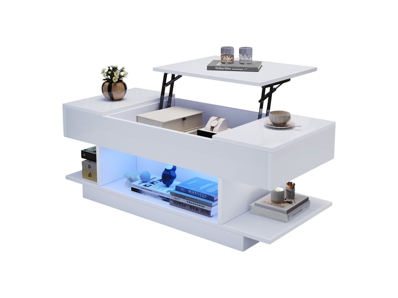  Table basse relevable blanche avec led, table de salon avec rangement caché et ouvert, hauteur réglable, 98x45x40cm  - Conforama A