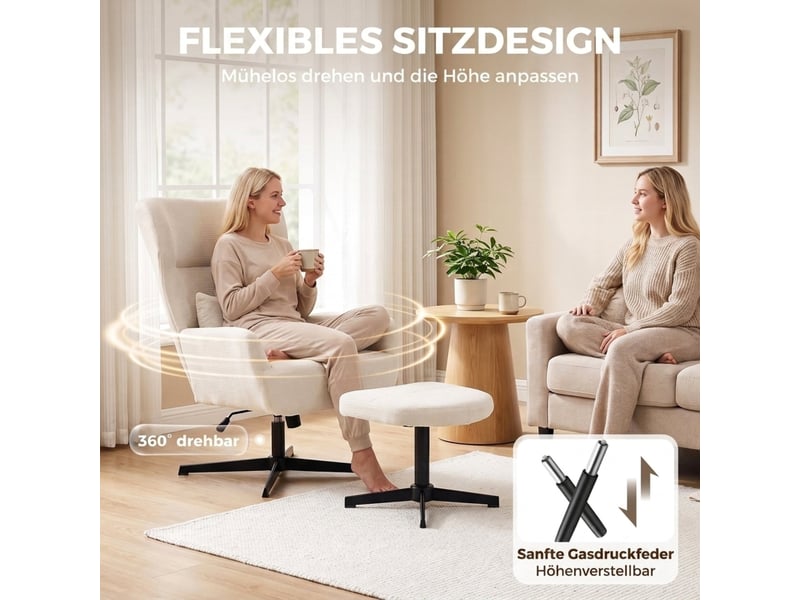  Fauteuil de salon - fauteuil lounge pivotant à 360° avec repose-pieds, réglable en hauteur, revêtement en chenille, crème  - Conforama D