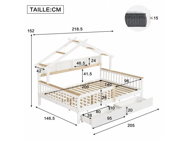  Lit cabane enfant, lit 2 places avec 2 tiroirs, barrières et étagère, 140x200 cm, sans matelas, blanc et naturel  - Conforama D