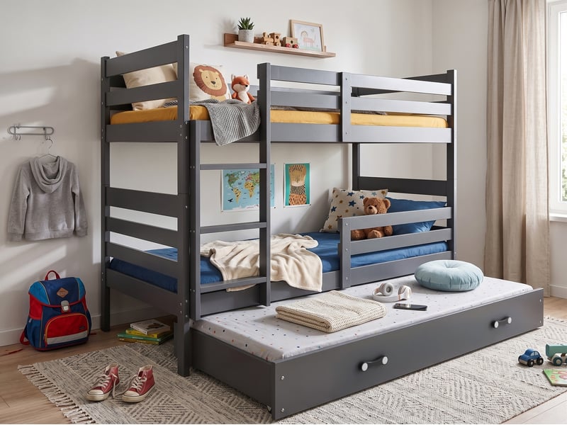Lit superposé 3 places eric 90x190 cm + lit tiroir 80x180 cm interbeds - bois massif de pin - gris - Conforama D