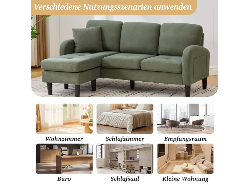  Canapé d'angle en l 3 places avec méridienne réversible velours côtelé vert  - Conforama C