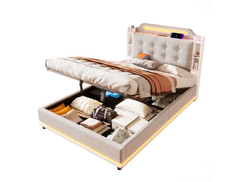  Lit rembourré, 140 x 200 cm, avec bande lumineuse led, rangement hydraulique, multiples compartiments de rangement, sans matelas, usb + type-c, lin, beige  - Conforama A