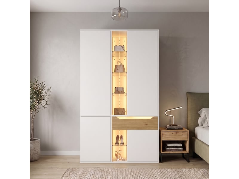  Armoire dressing 122x50x200 cm - 1 tiroir - 12 compartiments - vitrine - 2 led - tringle - panneaux - blanc CozyNest - Conforama E