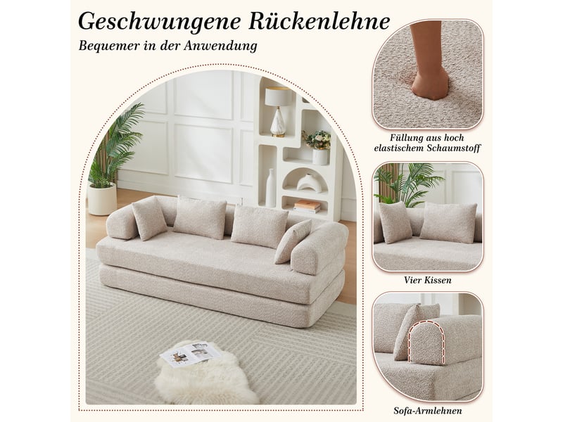  Canapé-lit convertible 2 places,200x95x68cm,canapé modulable 4 en 1 en tissu chenille,dossier réglable,4 coussins inclus,aucun montage requis,kaki  - Conforama D