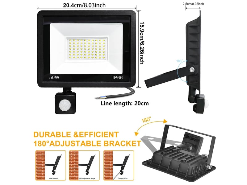 Projecteur extérieur led detecteur de mouvement 50w, 5000lm spot led extérieur ip66 étanche projecteur blanc froid 6500k, eclairage pour jardin cour, noir  - Conforama B