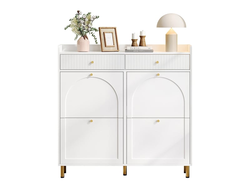 Meuble à chaussures étroit 4 portes battantes 2 tiroirs étagère à chaussures poignées métalliques blanc pour couloir chambre  - Conforama A