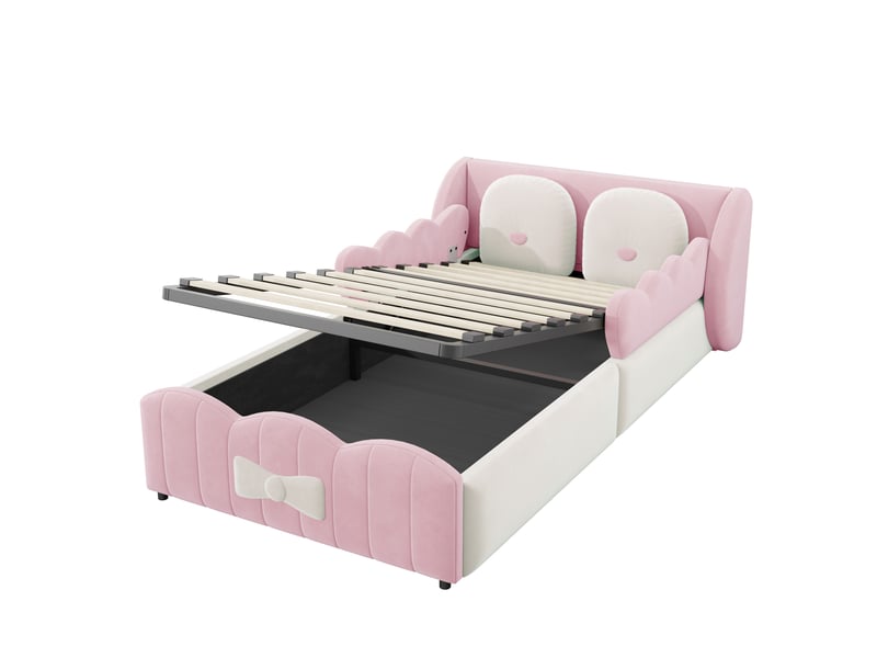  Lit enfant 90x200 cm, lit simple avec rangement hydraulique en velours couleur rose sans matelas, coussins décoratifs  - Conforama E