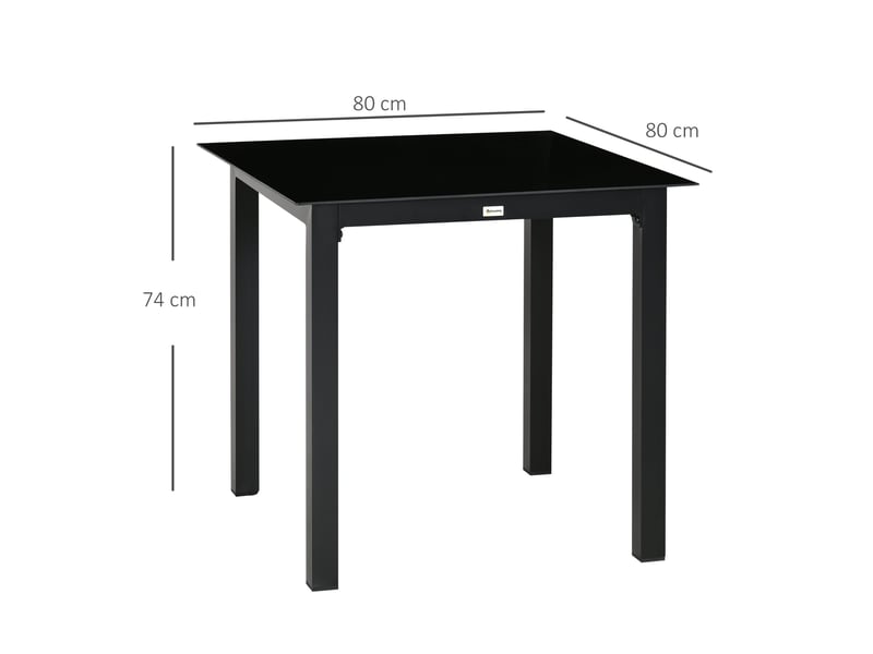 Table de jardin carrée 80x80x74 cm – noire – verre trempé 5 mm, aluminium thermolaqué, 4 places, pieds réglables - Conforama C