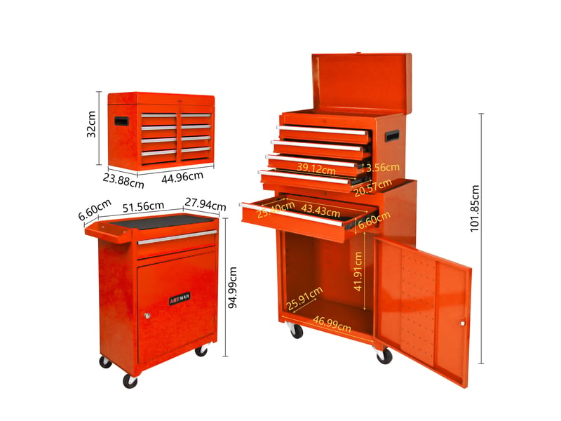  Armoire à outils roulante 58,5x28x102 cm orange en acier, 5 tiroirs et rangement pour garage ou atelier  - Conforama B