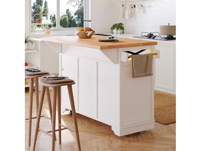  Desserte de cuisine mobile blanche avec plateau rabattable, led et 3 tiroirs  - Conforama E