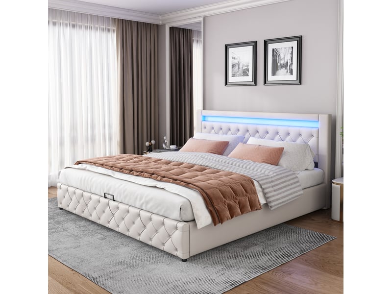  Lit coffre 180x200 cm avec sommier à lattes, rangement et éclairage led, blanc  - Conforama D