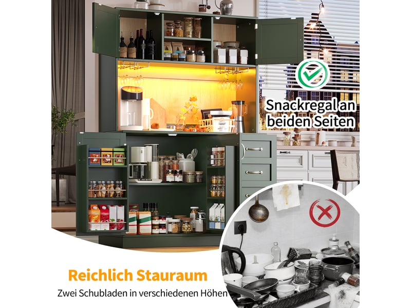  Buffet de cuisine vert, 120x40x188 cm, mdf et métal, 4 portes, 2 grands tiroirs, led et rangements pour boissons  - Conforama C