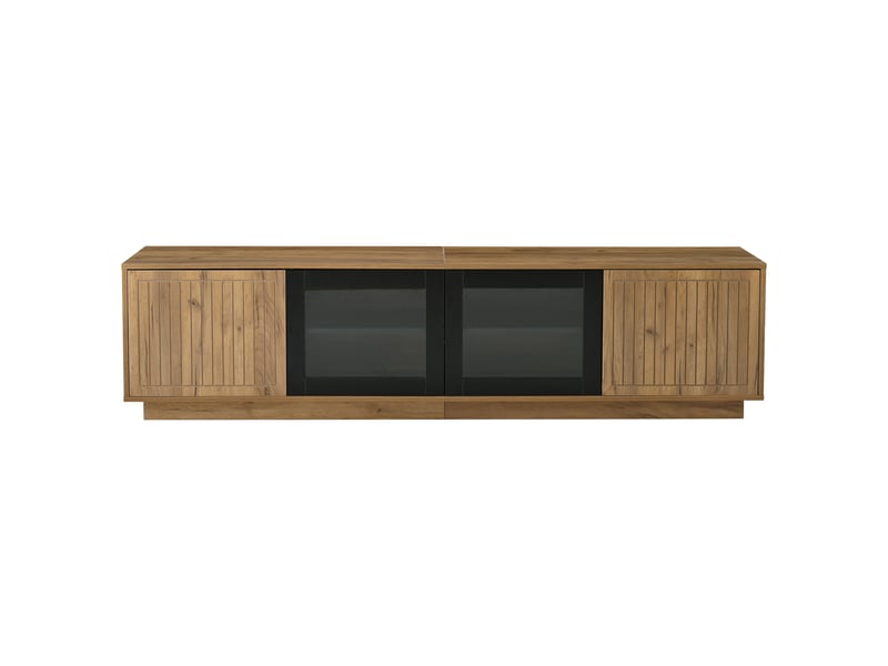  Meuble tv 180x40x45 cm bois naturel et noir, éclairage led, 2 caissons, tv jusqu’à 75 pouces  - Conforama A