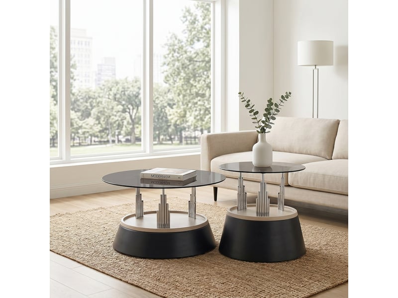  Tables basses gigognes avec 2 plateaux ronds en verre trempé, structure métal, style moderne, pour salon  - Conforama C
