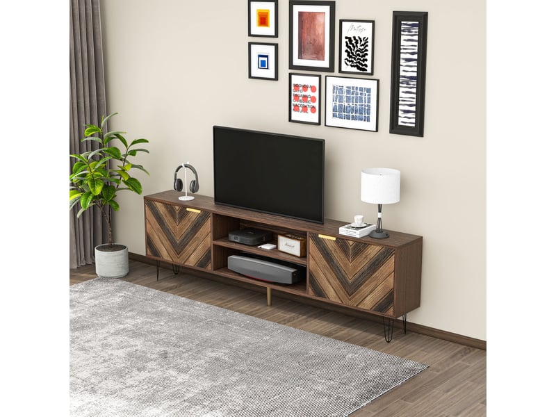  Meuble tv, placage bois massif, fer, 2 portes, poignées dorées, design moderne et élégant pour salon  - Conforama E