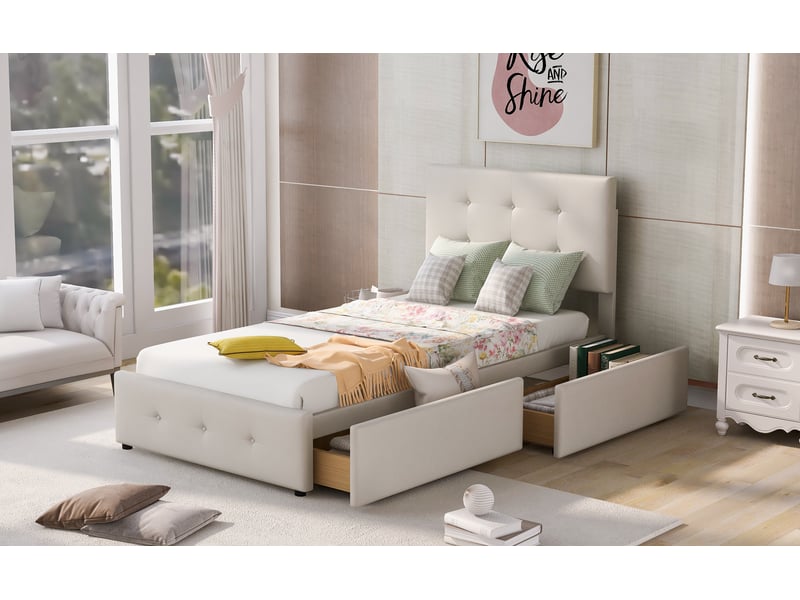 Lit coffre 90x200 with 2 tiroirs, lit 1 place 90x200, lits rembourrés avec cadre à barreaux, lit 90 x 200 cm,cadre de lit avec avec sommier à lattes, dossier, en tissu velours beige doux drawers - lit simple plat pour enfants, a… - Conforama W