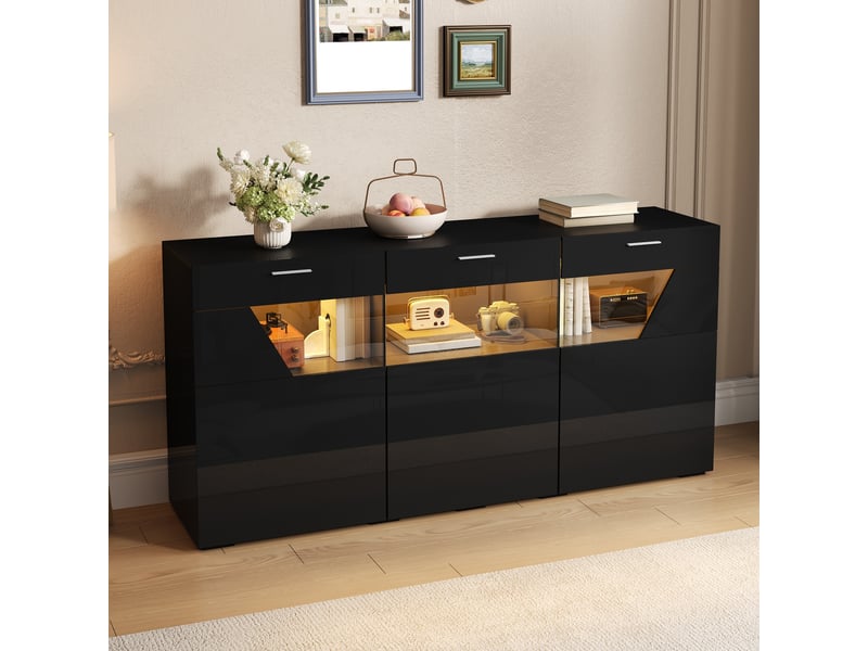  Buffet 3 portes avec led pilotée par application et vitrine en verre pour salon 160×38×78 cm noir  - Conforama C
